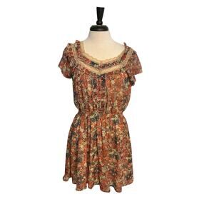 American Rag Cie Boho Brown Floral Lace Ruffle Short Sleeve Mini Dress Sz M